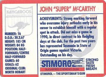 1991 Scanlens Stimorol #62 John McCarthy Back